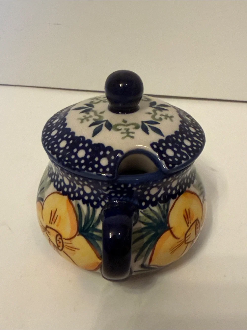 POLISH POTTERY SET SUGAR LID CREAMER TRAY BLUE WHITE GREEN HANDMADE BOLESLAWIEC